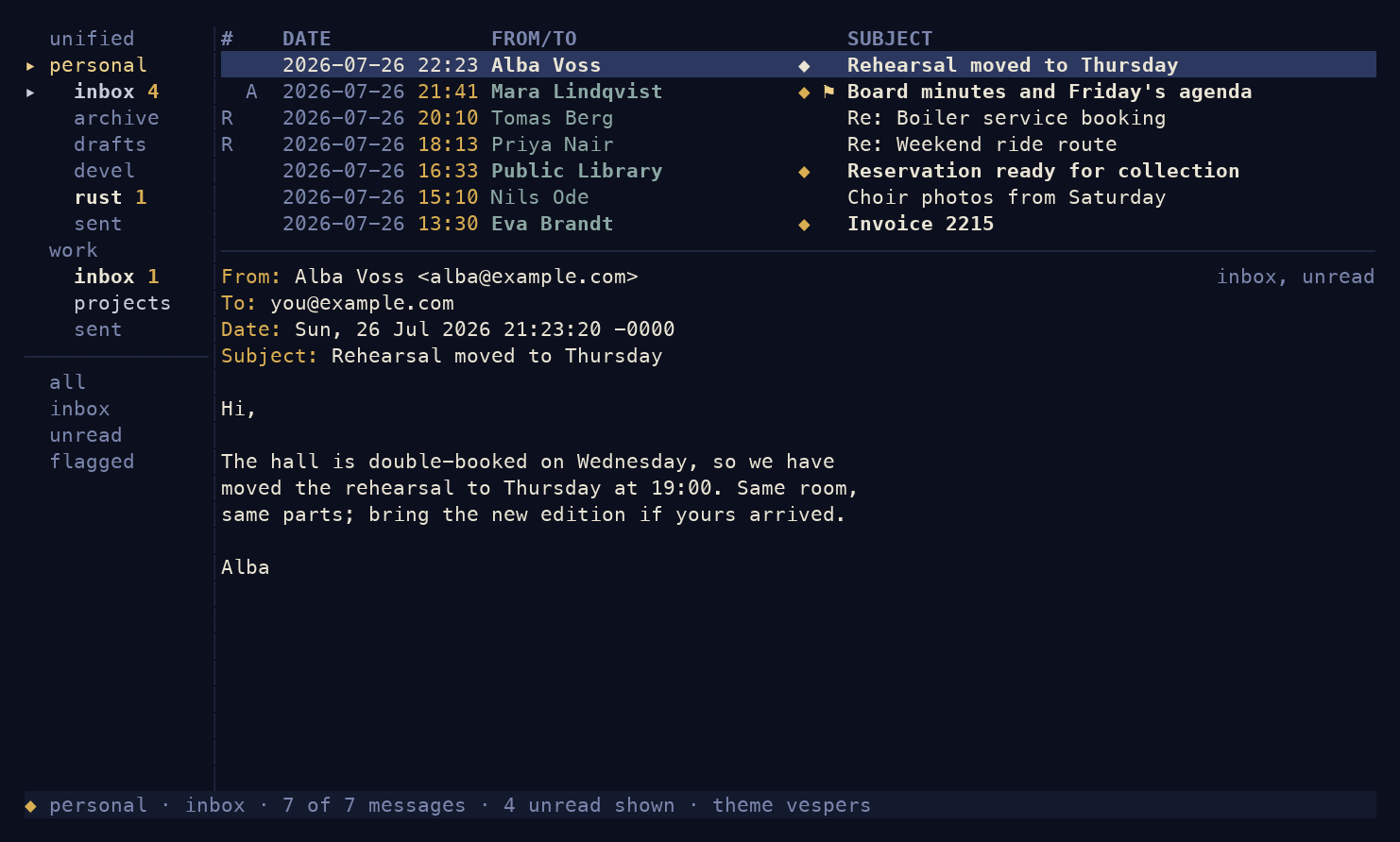 The message list: two accounts in the sidebar
                with unread counts, and the reading pane