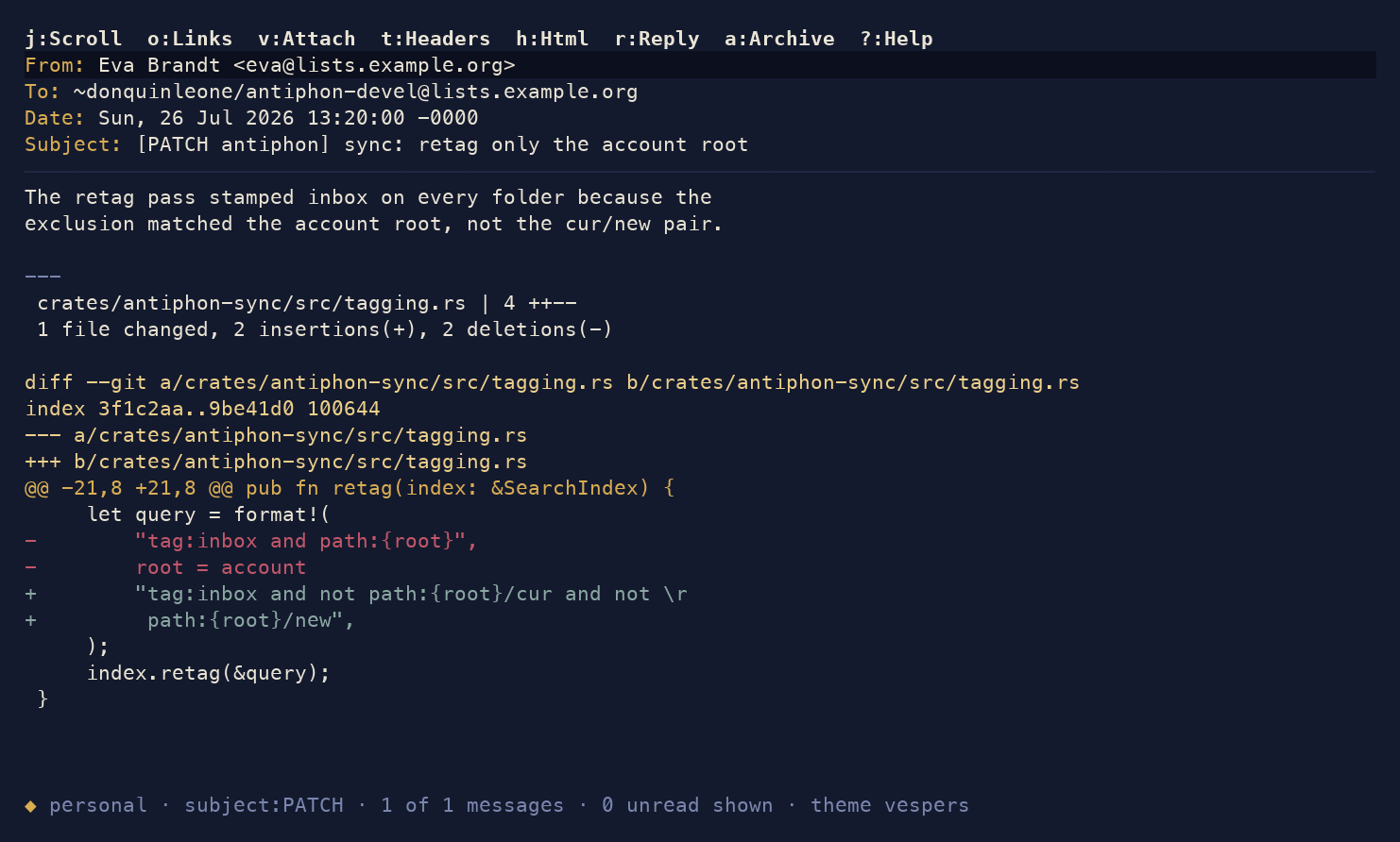 Reading a git patch from a mailing list,
                additions and removals coloured