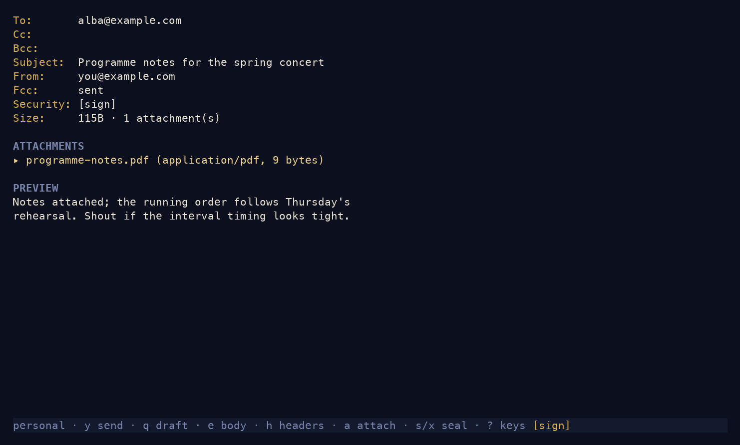 The compose review screen: recipients, a
                signing plan, an attachment and the body